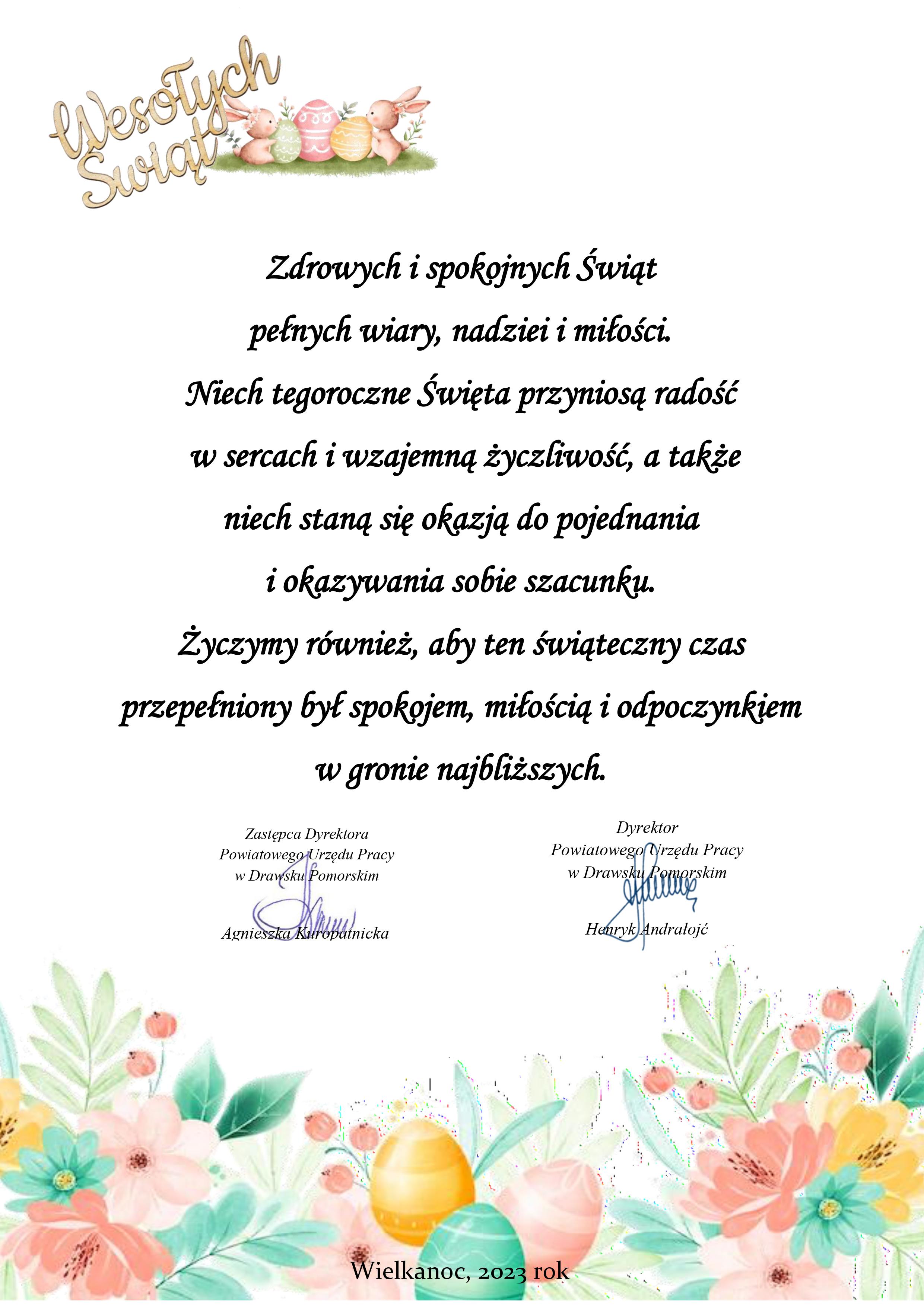 Życzenia okazji świąt wielkanocnych od Dyrekcji Powiatowego Urzędu Pracy w Drawsku Pomorskim