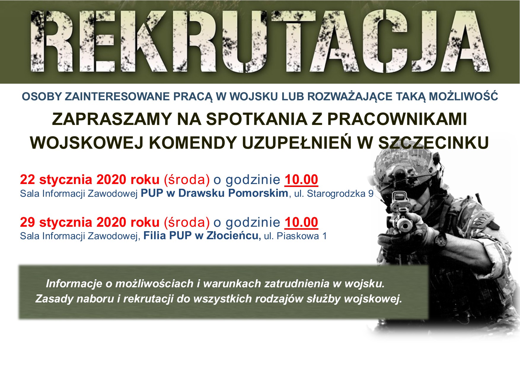 Spotkanie rekrutacyjne dla osób zainteresowanych podjęciem zatrudnienia w wojsku. Spotkanie poprowadzą pracownicy WKU w Szczecinku.